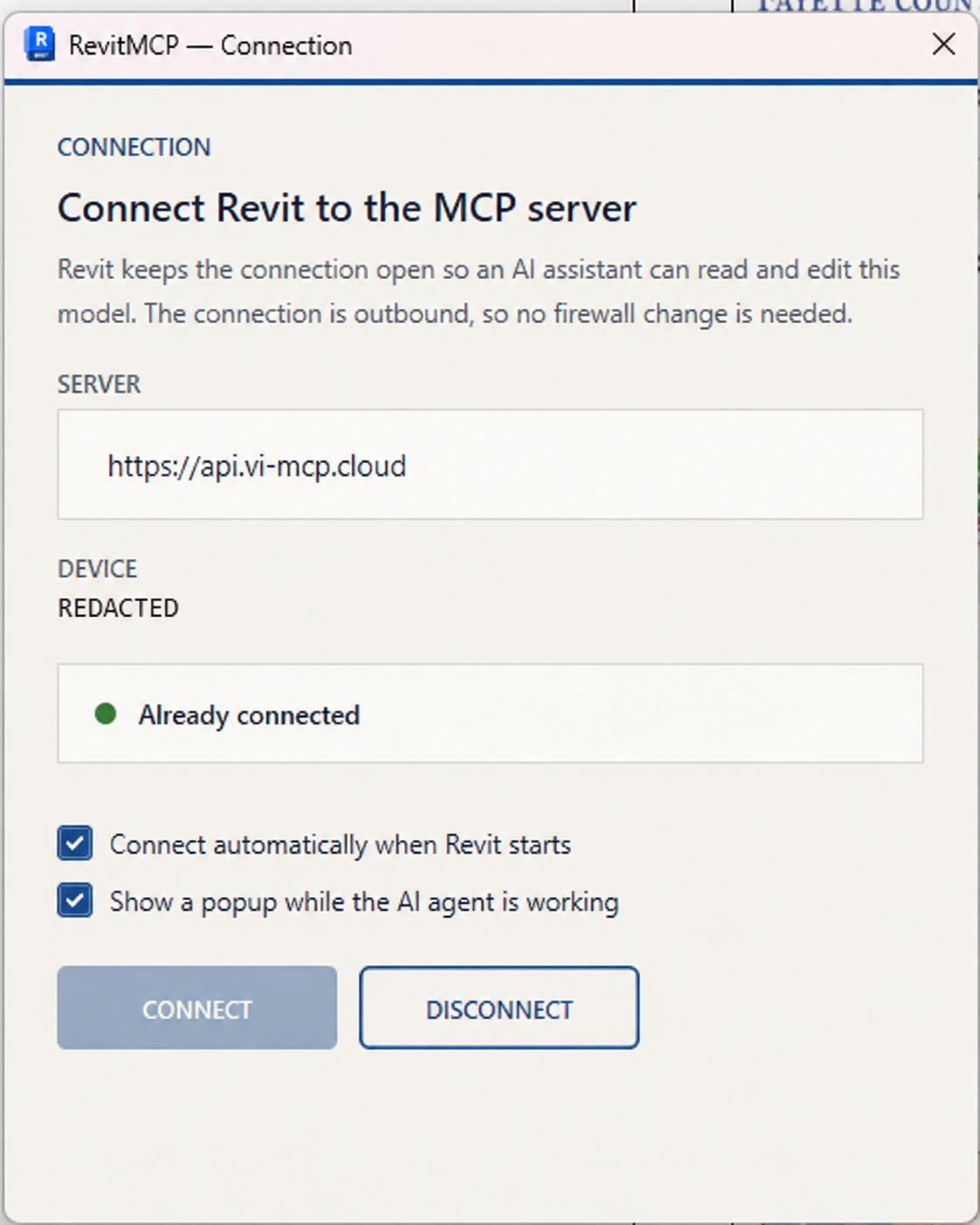 VI MCP Connection window showing a green connected status