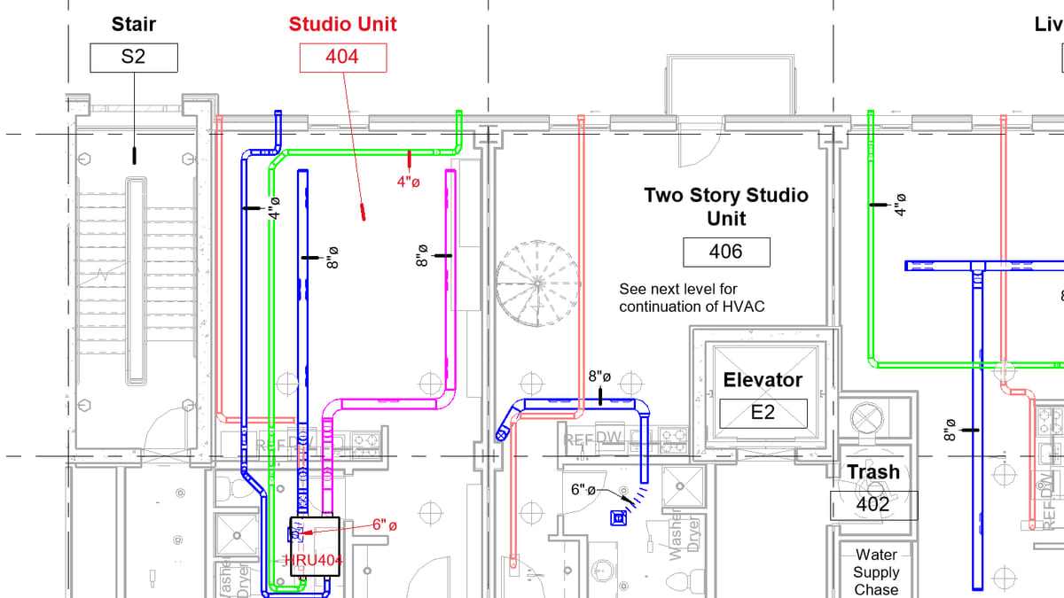 A Revit HVAC plan after the tags were spread: the ones that had been stacked are red, each now pulled clear on its own leader