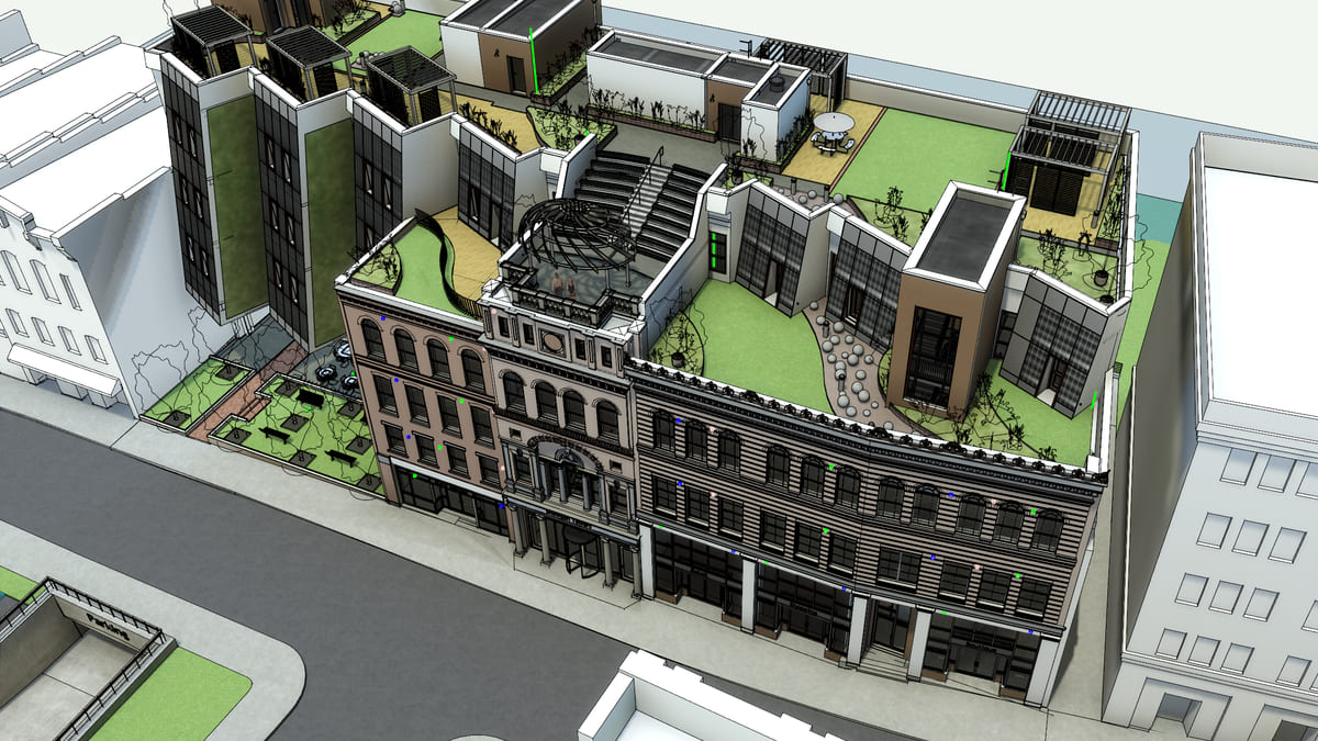 Aerial view of the whole Revit model, the building and its roof terraces in context