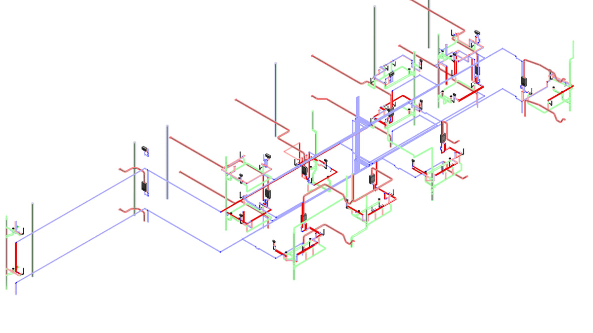 A Revit 3D plumbing model greyed back, with the pipes that clash against the architectural link drawn in red