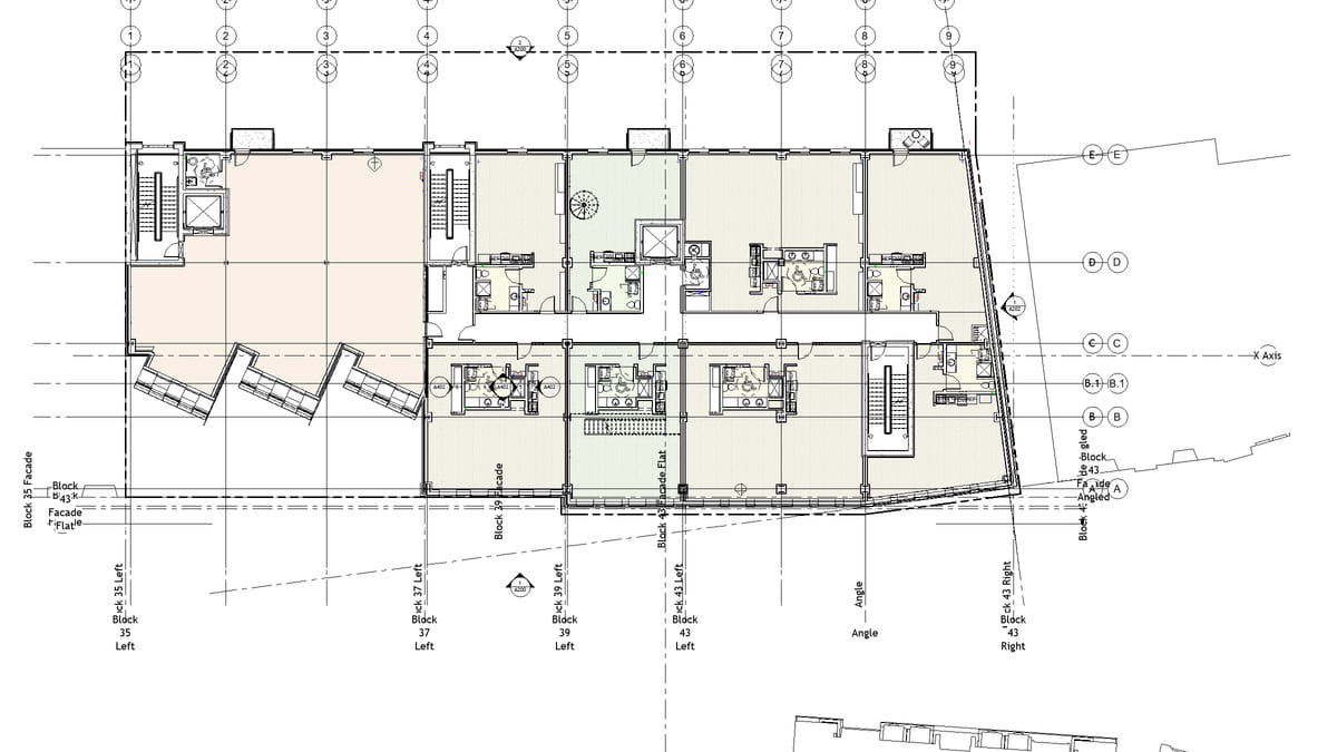 Revit floor plan with rooms shaded by a live Color Fill scheme, grid bubbles along the top