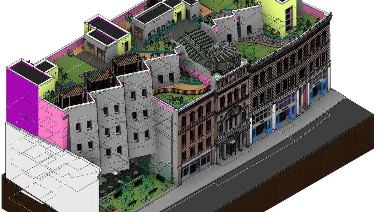 Isometric 3D view of the building with every wall given a colour according to its type