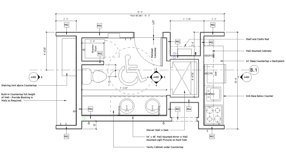 An enlarged Revit plan of a typical live/work core, dimensioned and keynoted, ready to repeat on other levels