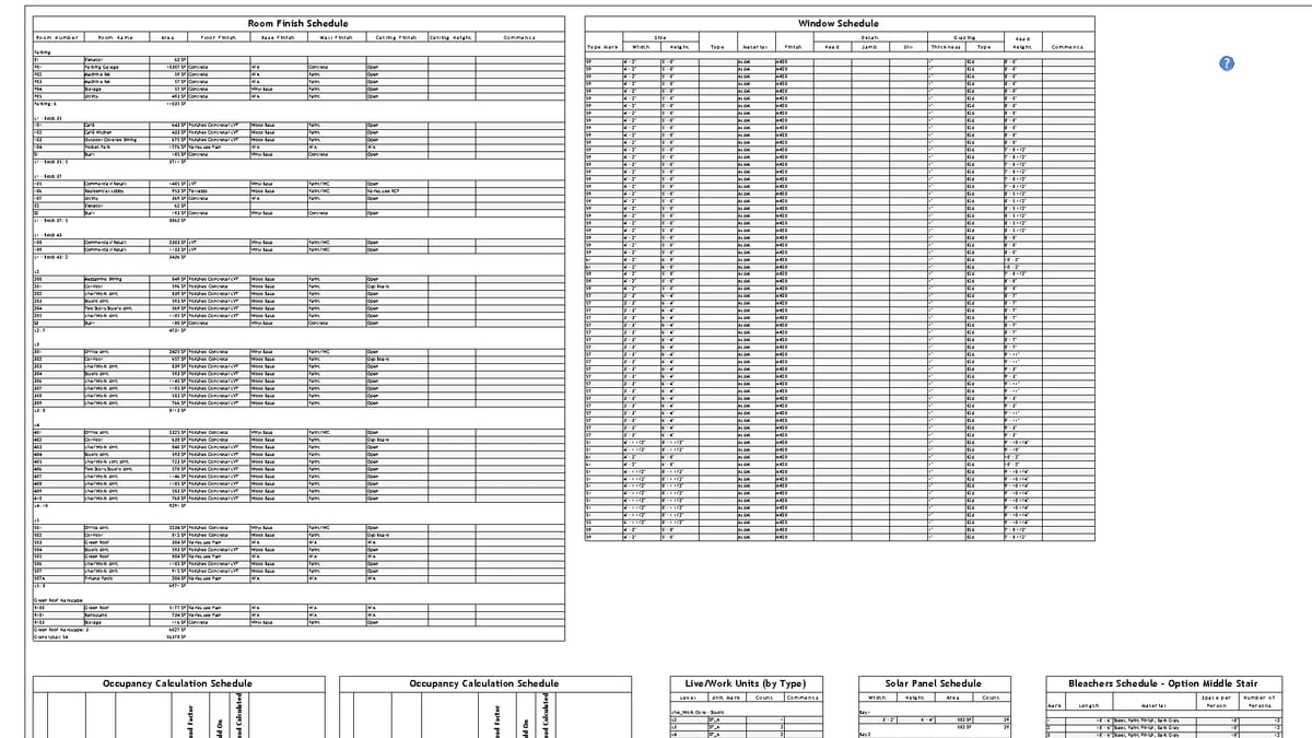 A Revit sheet of schedules — room finish, window and occupancy tables side by side with their totals
