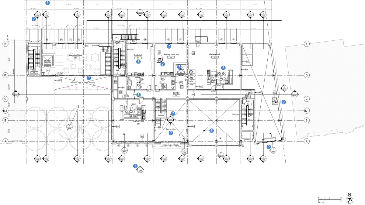 A newly created Revit floor plan for one level, cropped and annotated