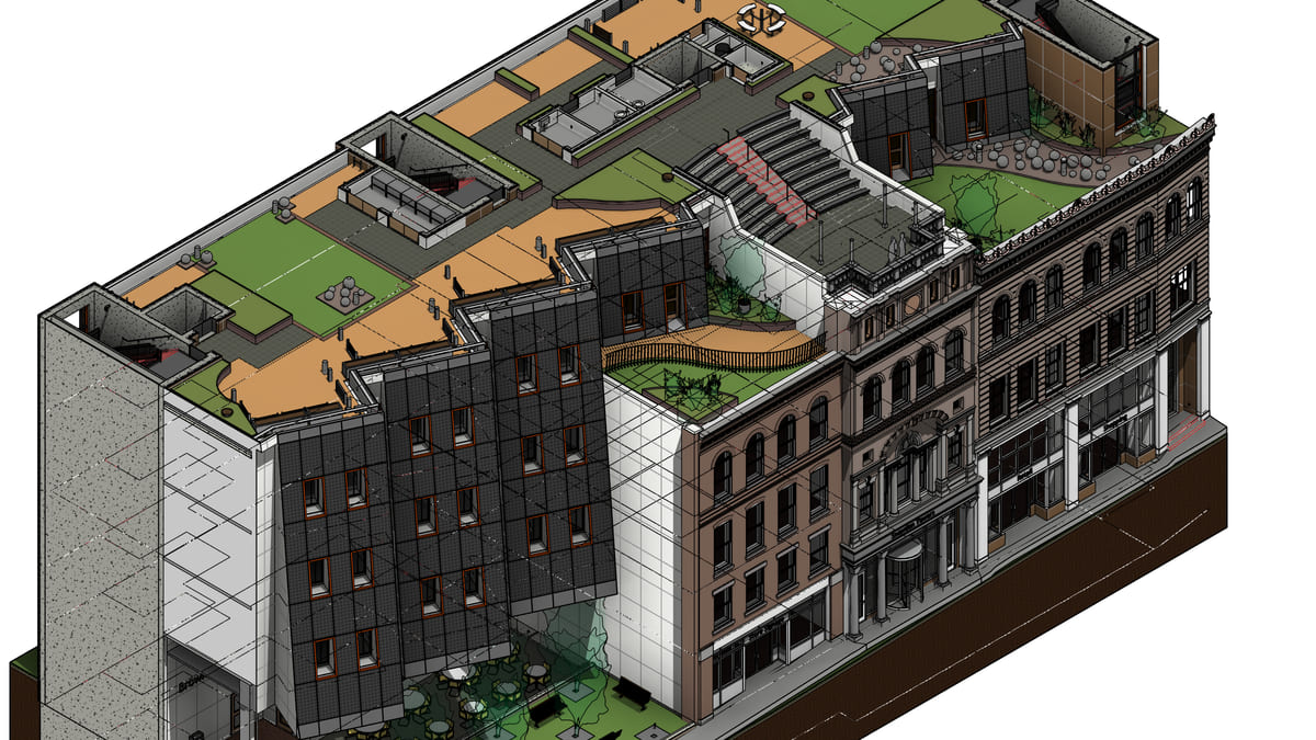 A 3D view of the building with the set queued for deletion marked in red