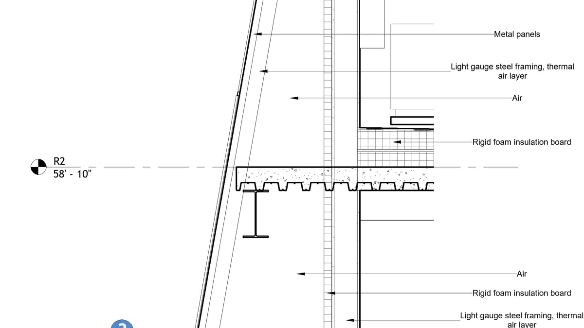 A dimensioned Revit parapet detail, dimension strings running across the assembly
