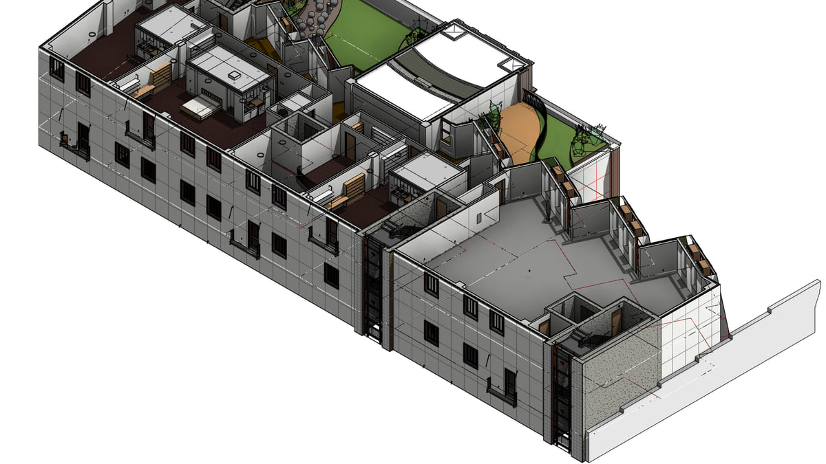 A cutaway 3D view of one Revit floor with the suspect walls picked out in red