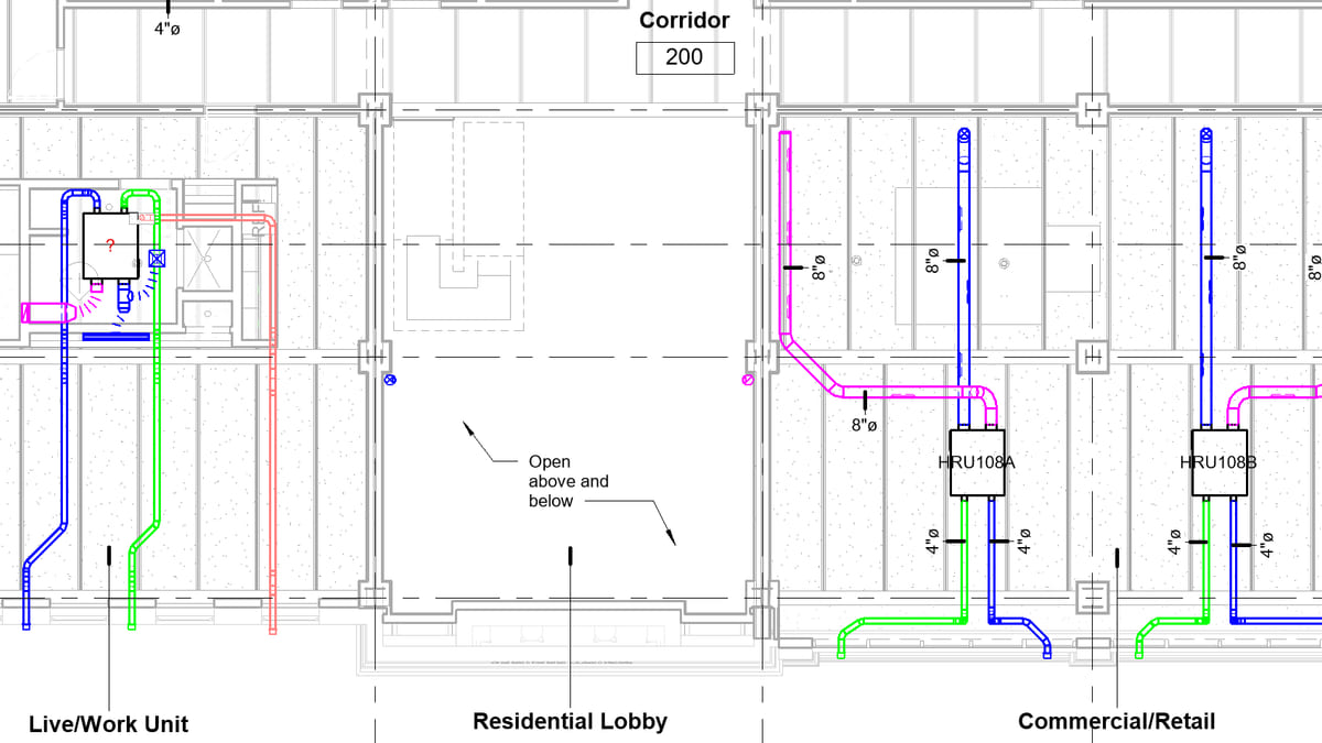 A Revit ceiling plan where one mechanical equipment tag prints a red question mark instead of a mark, two metres from neighbours reading HRU108A and HRU108B