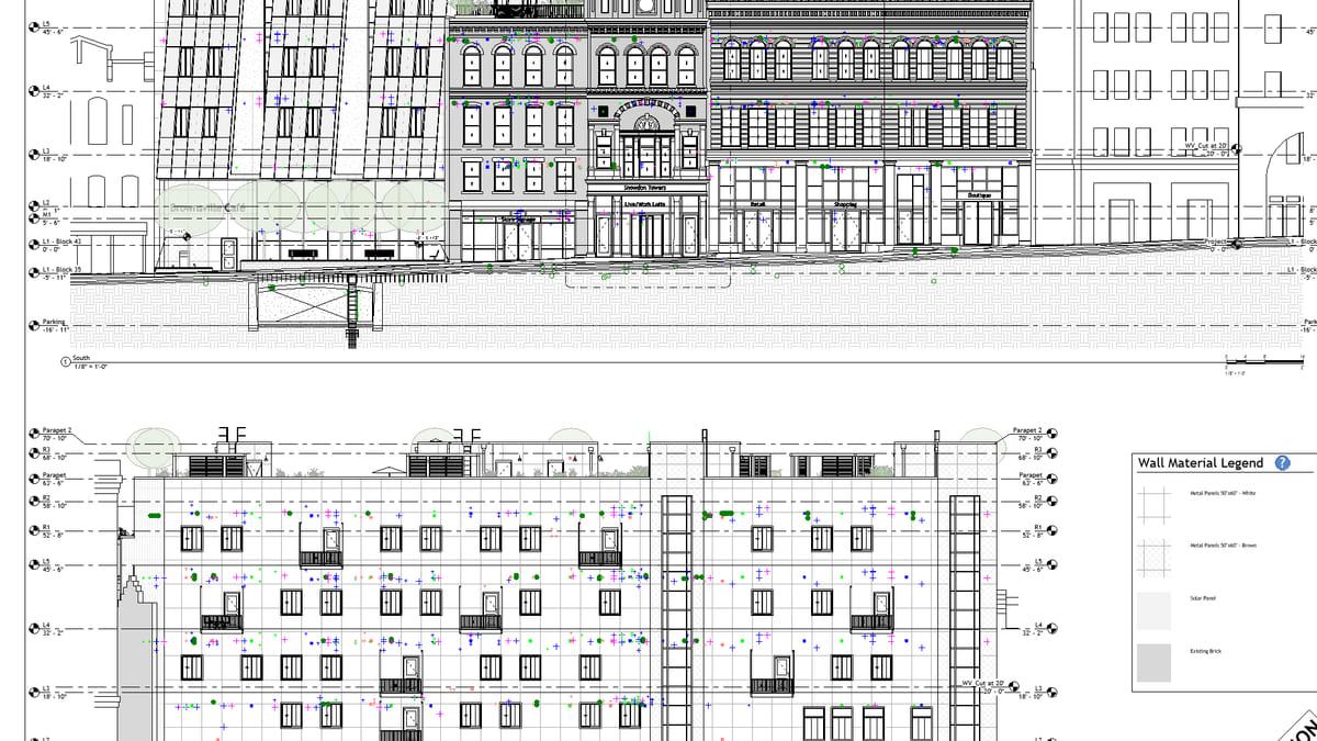 Revit building elevations with a wall material legend, as exported to PDF or DWG