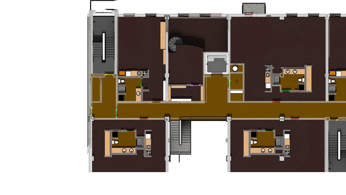 A Revit floor seen from above with the doors the query found picked out in colour along the corridor