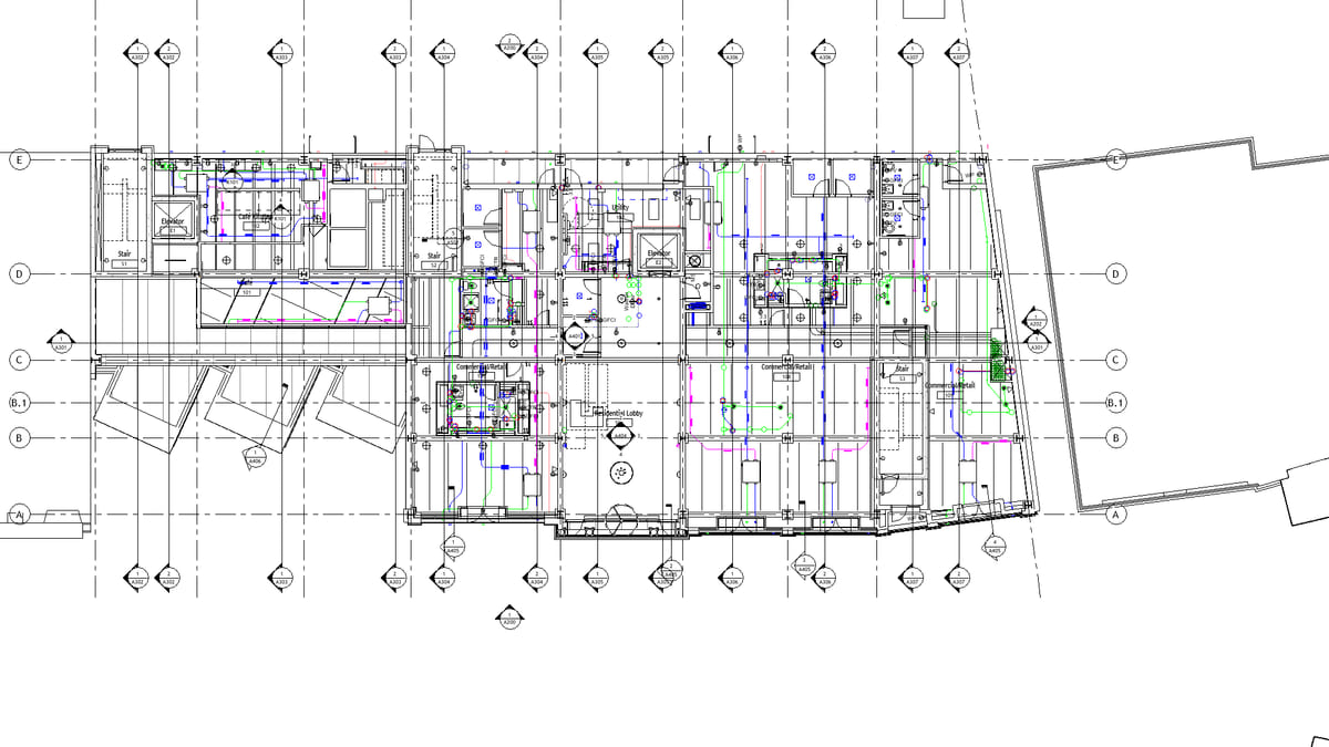 A Revit reflected ceiling plan with numbered grid bubbles along each edge