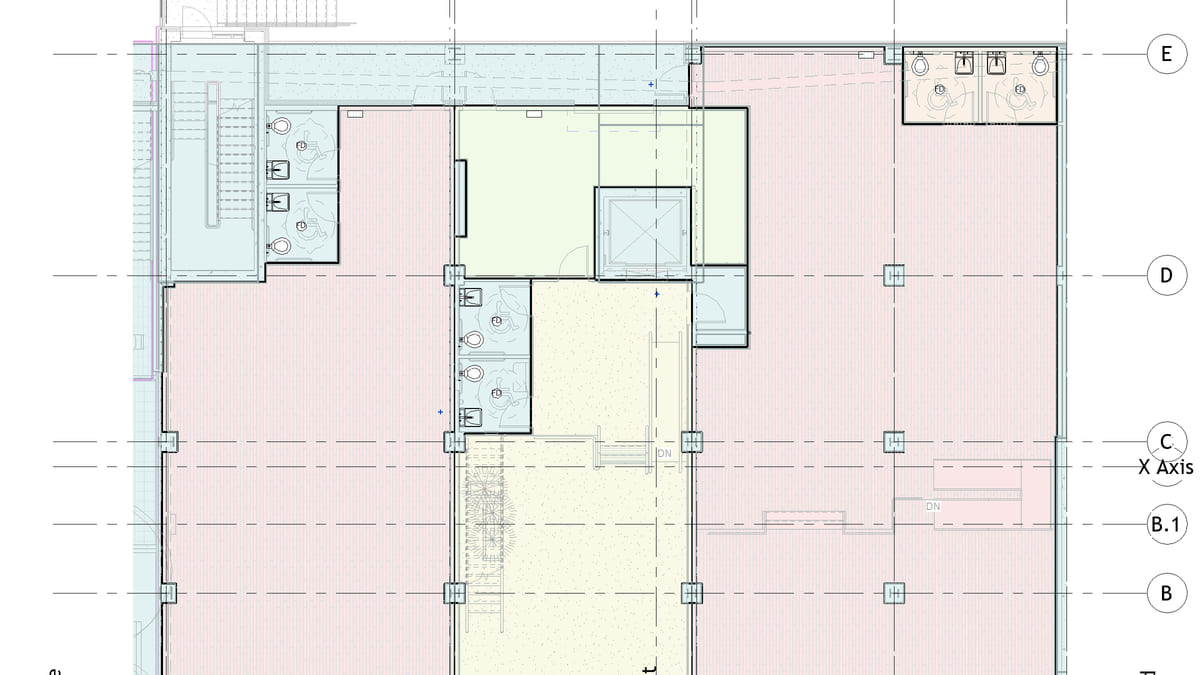 A Revit plan colour-filled by HVAC Zone, four zones in separate colours across retail, lobby, restrooms and plant