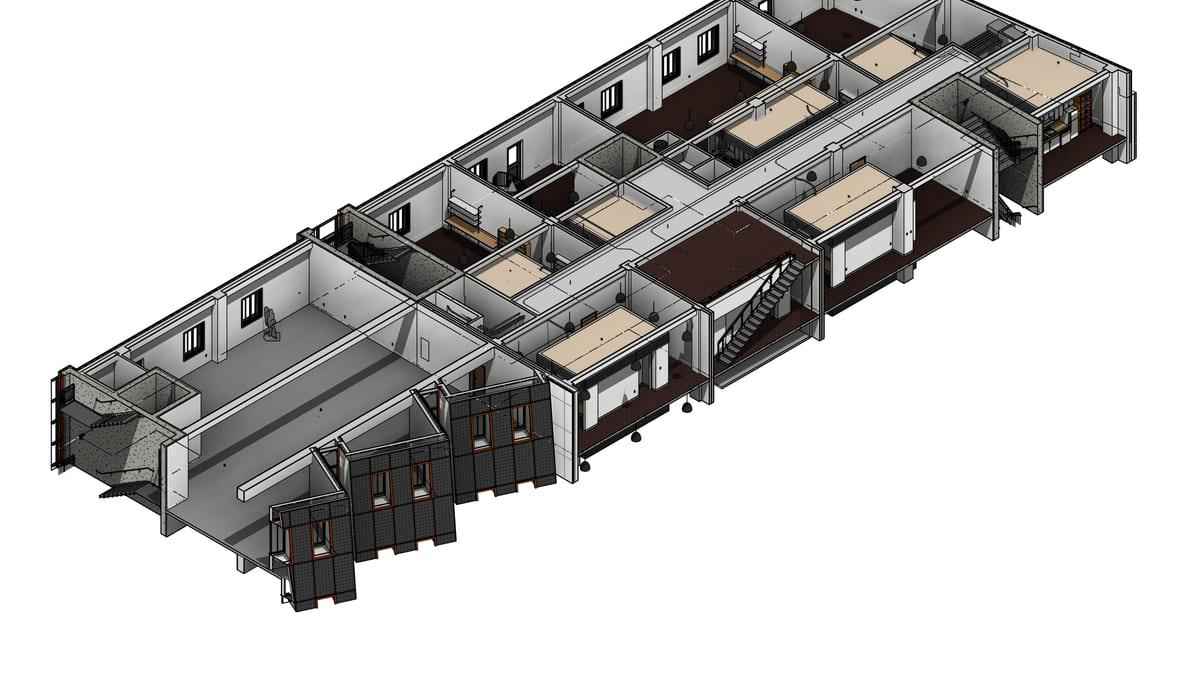 A single floor plate of a Revit model shown on its own, the rest of the building hidden