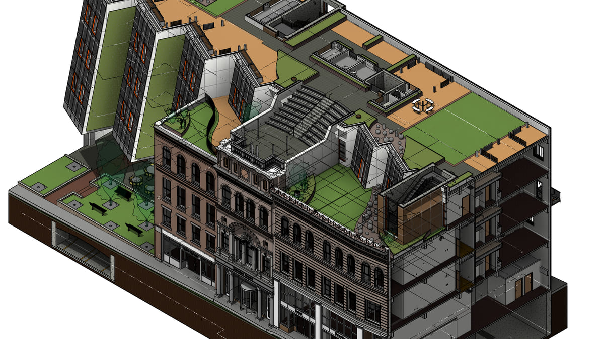 Isometric 3D view of the building framed on a found set, cut away to show the floors inside