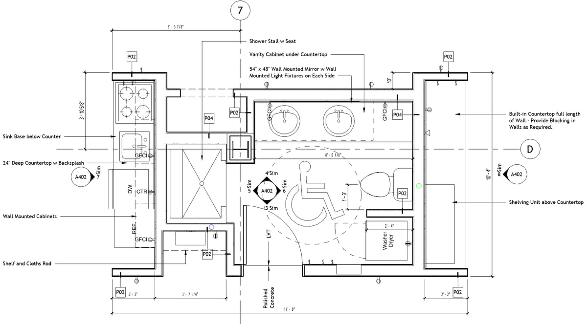 An enlarged Revit unit plan, each fixture and partition marked within the room that contains it