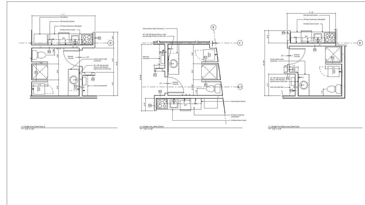Three enlarged Revit unit core plans in a row, each labelled in sequence