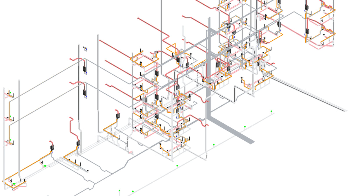 The same services in grey, sanitary pipes with no fall in red and uninsulated hot-water pipes in orange