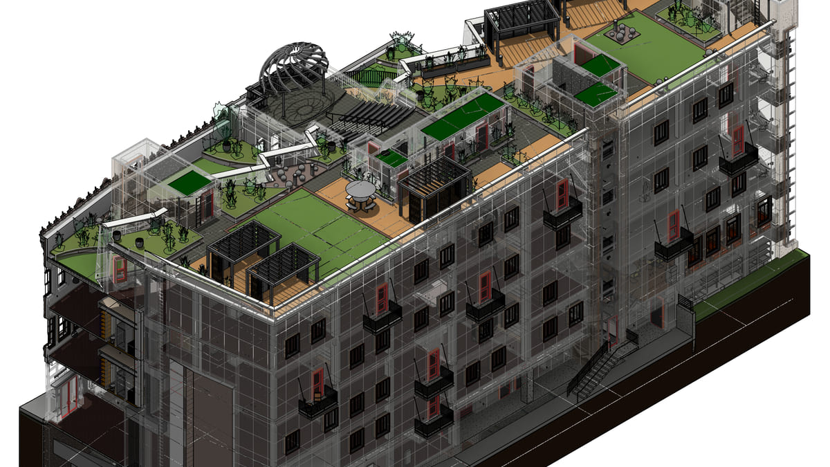 A Revit 3D view with the walls ghosted back and the found doors left sharp in red