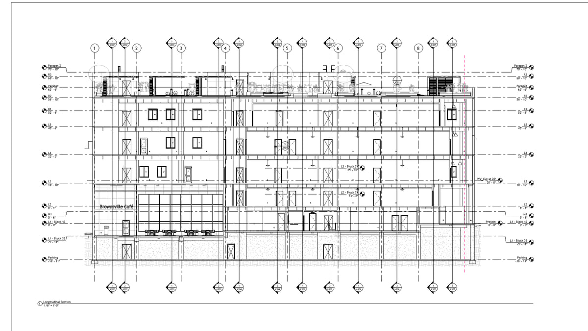 A longitudinal Revit building section with level datums, drawn on an issued sheet