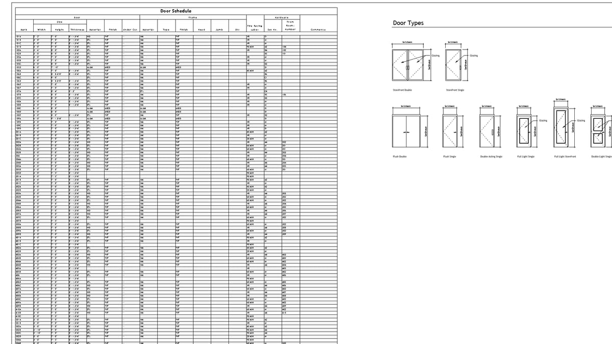 A Revit door schedule on a sheet, rows of marks and types beside the door type drawings