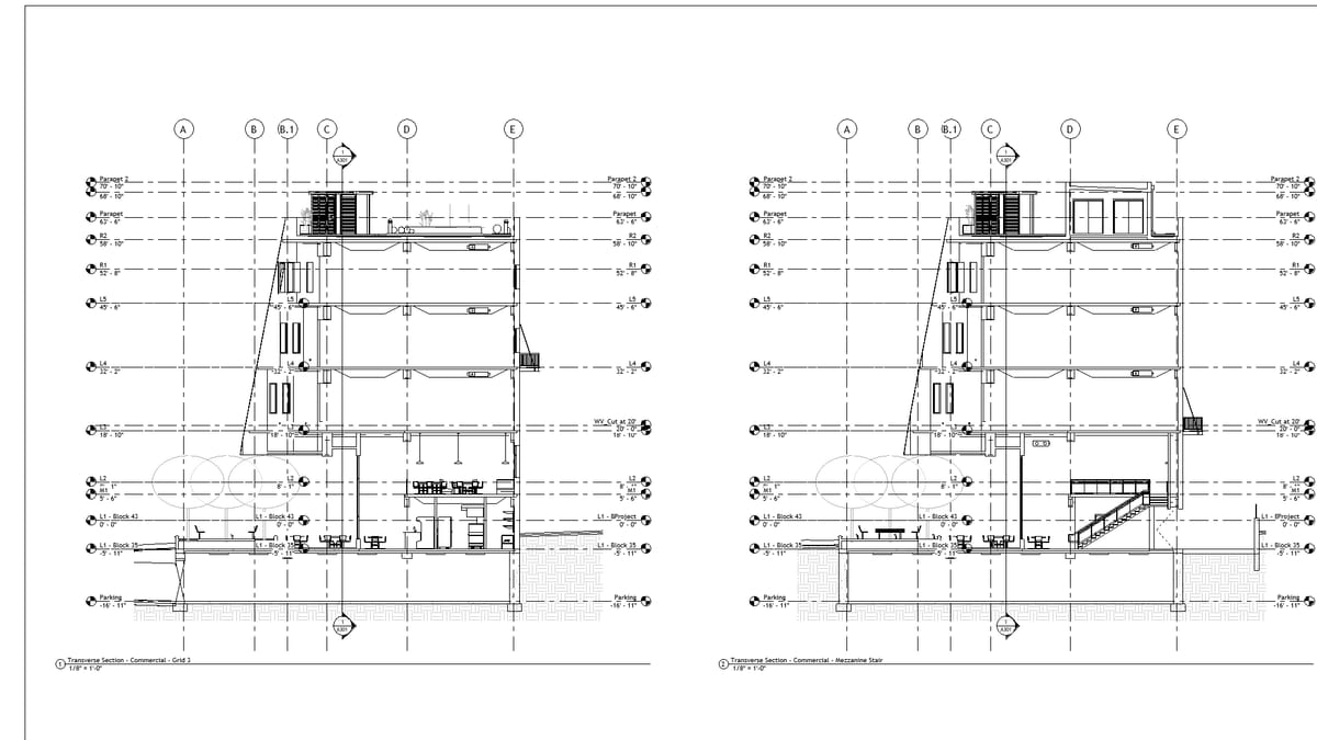 A named Revit building section cut through the building, floor by floor