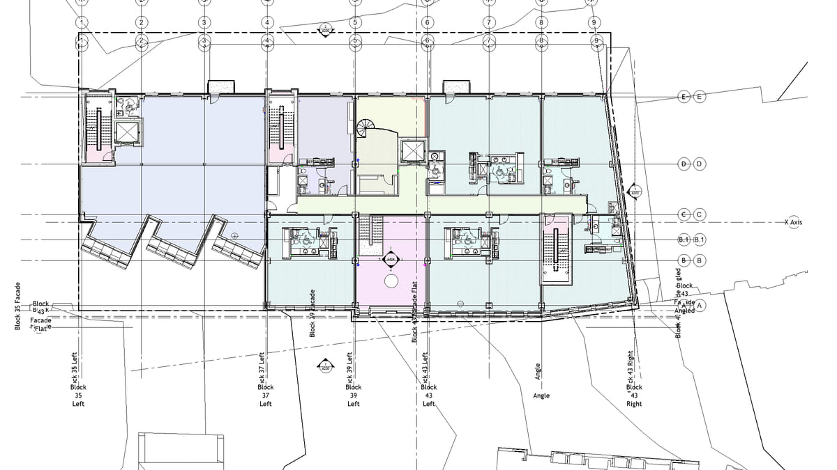 A Revit plan where every MEP space is shaded a different colour by name