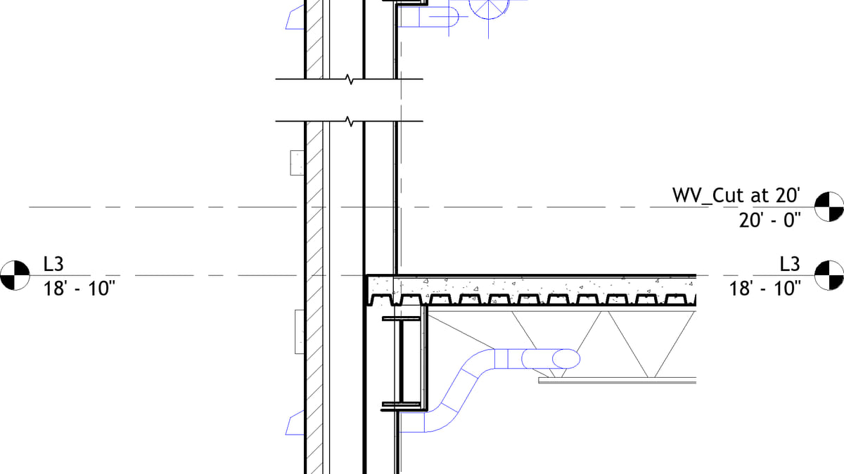 A Revit wall section from existing into new build, levels marked up the height
