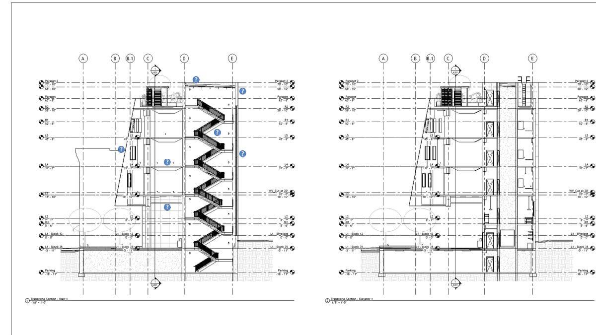 A Revit building section on a sheet, where a placed revision cloud would print